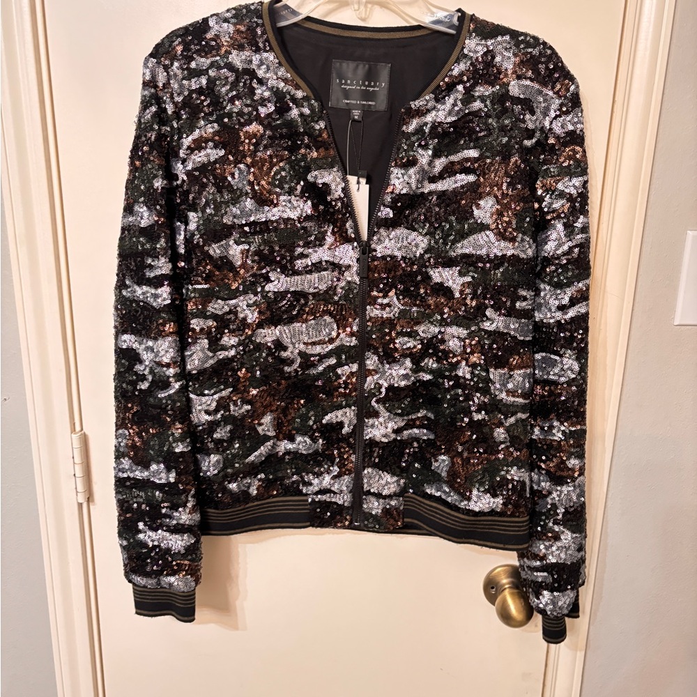 Sanctuary Sequin Bomber Jacket - Black, White, Brown